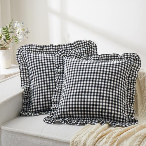 KKJIAF Ruffle Gingham Pillow Covers 26 x 26 Inches, Cotton Plaid Euro Sham Pillow Covers Set of 2, Linen Feel Ruffled Plaid Pillow Cases with Envelope Closure for Sofa Bed (Black Plaid) - color: Black Plaid, size: 26" x 26" (Pack of 2)