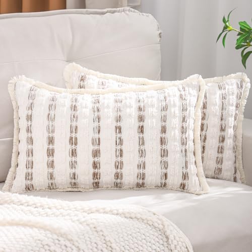 LUOYEHK Chenille Striped Throw Pillow Covers 12x20 Inch Set of 2 Boho Khaki Decorative Pillowcases with Fringe Farmhouse Neutral Cushion Covers for Couch Sofa Bed Living Room - color: Khaki, size: 20" x 12" (Pack of 2)