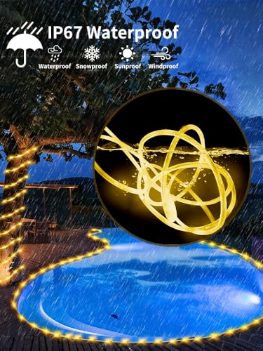 Thicker Tube Solar Rope Lights with Remote for Garden Decoration ,39FT 200LEDs Outdoor Solar Strip Lights for Palm Tree,IP67 Waterproof,USB Charging & 8 Modes Fairy Light for Christmas(Warm White) - color: Brighter-Warm White, size: 200 LED-Larger