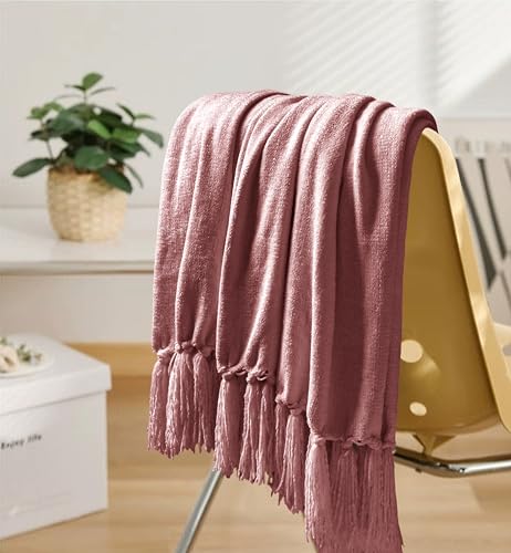 Chenille Throw Blanket for Couch 60"X 80" Twin, Soft Cozy Throws with Fringe Tassel for Bed Sofa Chair Cover, Lightweight Knitted Decorative Boho Blankets for Living Room, Mauve - color: Mauve, size: 60x80 inch
