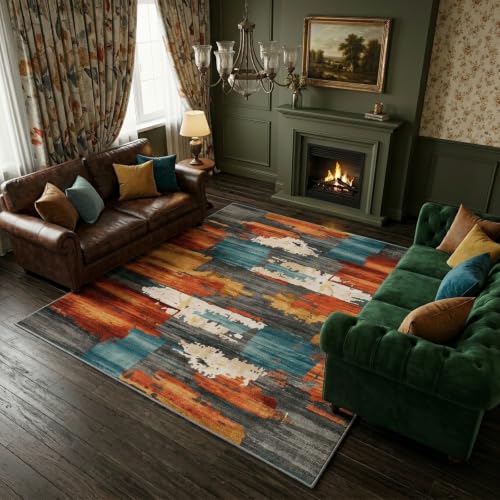 5x7 Area Rug for Living Room,Modern Abstract Burnt Orange Rug,Terracotta and Teal Brushstroke,Washable Rug,Non Slip, Bedroom, Dining Room, Home Office - color: Burn Orange, size: 5' x 7' (Rectangular)