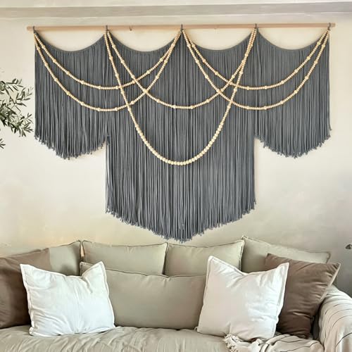Flber Macrame Wall Hanging Boho Wall Art Beads Tassels Modern for Living Room Bedroom Large Geometric Wall Decor 57" W x 39" L - color: Gray1