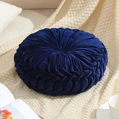 Drydiet 1 Pcs Round Throw Velvet Pillows Decorative Pleated Throw Pillows Diameter Accent Pumpkin Boho Chair Cushion for Couch Sofa Home Decoration (Navy Blue,15'') - color: Navy Blue, size: 15''