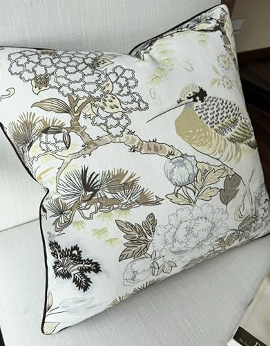 VAGMINE Chinoiserie Bird Floral 20x20 Inch Throw Pillow Cover - Sage Ivory Peony Hydrangea Print on Textured Polyester - Cushion Case for Couch Sofa - Nostrich - color: Nostrich, size: 20" x 20" (Pack of 1)