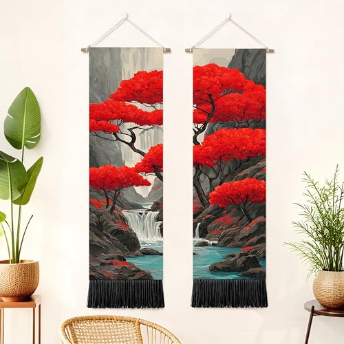 seewan 2 Pack Long Vertical Wall Tapestry, Boho Nature Landscape & Floral Aesthetic Wall Hanging for Bedroom Living Room Home Decor, Long Narrow Art Tapestry with Sunrise Mountain Botanical Designs, 13" × 51" (Scarlet Maple Scene, 13"Wx51"H, Unframed) - c