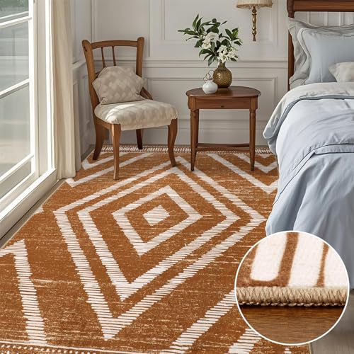 Boho Area Rugs 4x6ft Non Slip, Brown Washable Rug for Living Room, Soft Bedroom Carpet, Low Pile Moroccan Area Floor Carpets for Dining Room Kids Nursery Farmhouse - color: Brown, size: 4' x 6' (Rectangular)