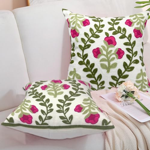 Alysheer Summer Decorative Throw Pillow Covers 18"x 18" Set of 2, Floral Embroidered Farmhouse Hot Pink Flowers Green Vine Patterned Cotton Canvas Cushion Case for Sofa Couch Bed Living Room Decor - color: Hot Pink, size: 18" x 18" (Pack of 2)
