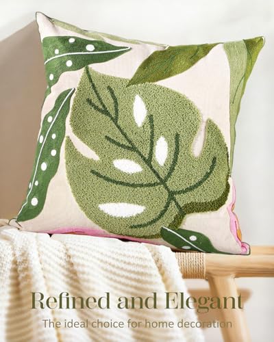 Embroidered Throw Pillow Cover - 18x18 Decorative Pillow Cover with Zipper Aesthetic Cute Design Boho Spring Summer Throw Pillowcase for Living Room Couch Sofa Bed, Monstera Leaves - color: Monstera-leaves, size: 18" x 18" (Pack of 1)