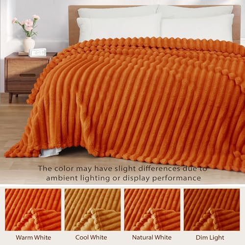 Exclusivo Mezcla Fleece Throw Blanket for Couch, Super Soft Striped Jacquard Bed Blanket, Lightweight Fuzzy Cozy for All Seasons, 50x60 Inches, Burnt Orange - color: Burnt Orange, size: Throw ( 50x60 IN )