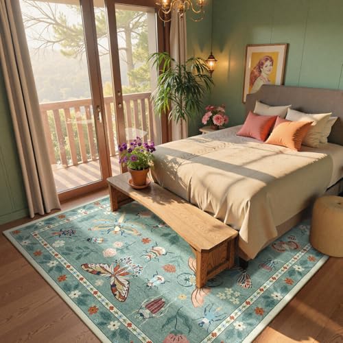Beeiva Insect Print Washable Area Rug 6x9 for Bedroom Under Bed - Sage Green Non Slip Dining Room Rugs for Under Table, Stain Resistant Large Carpet for Living Room Kids Playroom Decor(6'x9',Green) - color: Light Green, size: 6' x 9' (Rectangular)