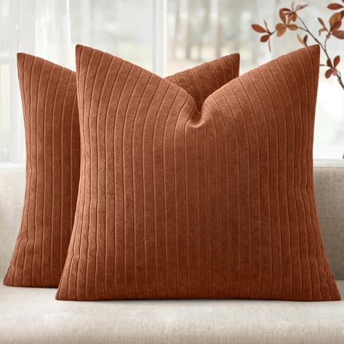MIULEE Set of 2 Rust Decorative Throw Pillow Covers 18x18 Inch, Thick Soft Textured Striped Cushion Covers, Modern Solid Color Farmhouse Boho Pillow Case for Sofa Couch Bed Living Room - color: Rust, size: 18" x 18" (Pack of 2)