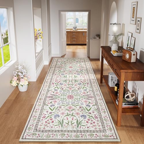 Amearea Pink Runner Rugs for Hallway, 2x6 Feet Area Rugs for Bedroom Girls, Washable Floral Collection Bedside Rugs Low Pile Print Carpet, Kids Room Entrance Kitchen Living Room Decor - color: Pink, size: 2x6 Feet