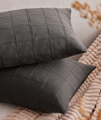 ZeeMart Linen Checked Lumbar Throw Pillow Covers Set of 2, 12x20 Inch Allover Grid Charcoal, Farmhouse Decorative Double Sided Grid Embroidered Couch Pillow Cases Grey Cotton Linen Cushion Covers - color: Allover Grid Charcoal, size: 20" x 12" (Pack of 2)