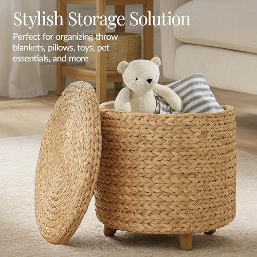 Best Choice Products 17" Round Storage Ottoman W/Lid, Handwoven Water Hyacinth Footstool, Footrest w/Wooden Legs, Accent Side Table, Storage Container, Plant Stand - Natural - color: Natural