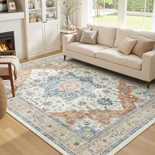5x7 Bedroom Rug - Boho Aesthetic Floral Beige and Orange, Washable Low Pile Non-Slip Carpet, Stain Resistant Area Rugs for Under Bed, Large Entryway, Kitchen, Playroom, Bed Room, Living Room - color: Beige Orange, size: 5' x 7' (Rectangular)