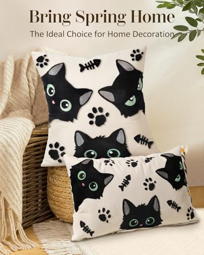 Embroidered Lumbar Pillow Cover 20x12 Inch - Spring Summer Boho Decorative Pillow Cover with Zipper for Living Room Couch Sofa Bed Aesthetic Design Cat Bone Cushion Pillowcase - color: Cat Bone, size: 20" x 12" (Pack of 1)