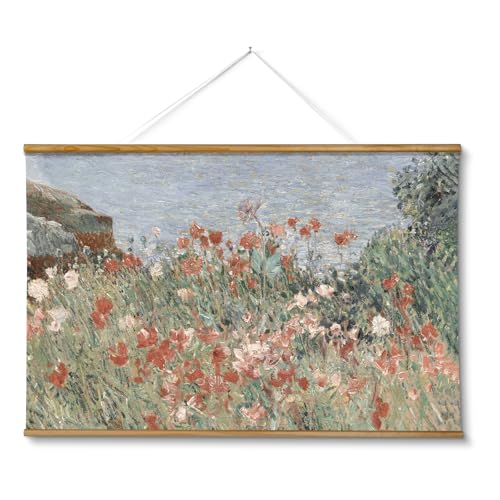 ARPEOTCY Extra Large Vintage Framed Wall Art, 36x54 Inch Retro Seaside Wildflower Hanging Framed Canvas Print Artwork, Rustic Landscape Living Room Decor, Farmhouse Above Bed Wall Decor - color: Beachside Poppies