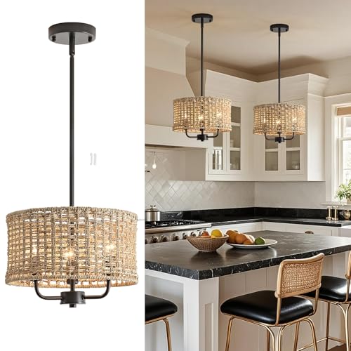 3-Light Rattan Chandelier for Dining Room, Boho Chandelier, Coastal Hand Woven Pendant Light Fixture for Kitchen Island Entryway Foyer Living Room Bedroom UL Listed Black - color: Black, size: 12.6"