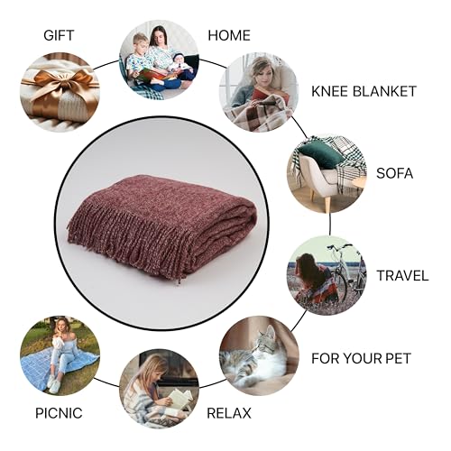 Merino Wool Throw Blanket, Indoor & Outdoor Blankets and Throws, Soft Blanket with Fringes, 65"x79" (170 x 200 cm) - color: Burgundy, size: Queen (U.K. Standard)