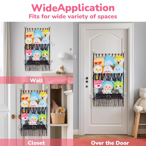 2 Tier Stuffed Animal Storage Shelf Net, 17x32Inch Large Stuffed Animal Organizer Holder Display for Mini Medium Stuffy, Black Boho Macrame Wall Plushies Stuffy Storage for Nursery Decor - color: Black, size: Large-2 Tier-17x32 Inch
