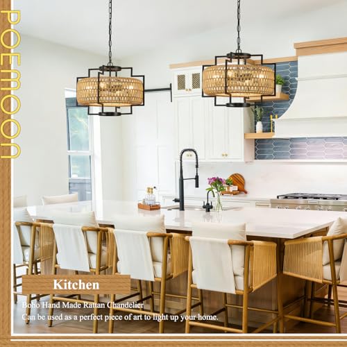 20" Boho Woven Chandeliers 4-Light Hand Rattan Ceiling Pendant Light Fixture Farmhouse Hanging Lighting for Kitchen,Bedroom, Dining Room, Hallway, Entryway, E26 - size: Lantern-20''-V