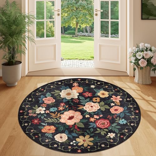 DUKINO Floral Round Rug, 4ft Washable Round Area Rug, Non Slip Indoor Low Pile Circle Rug, Soft Small Boho Design Circle Rug for Bedroom, Entryway, Living Room, Dining Room,Black - color: Black, size: 4' (Round)