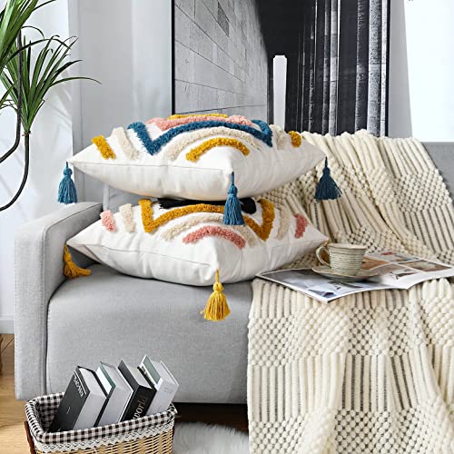 JASEN Boho Throw Pillow Covers, Woven Tufted Decorative Pillow Covers with Tassel Diamond Pattern Pillow Covers for Couch Sofa Bedroom Living Room No Pillow Insert, (Blue, 18 x 18-Inch) - color: Blue, size: 18" x 18" (Pack of 1)