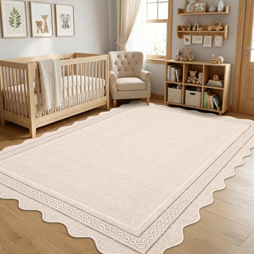 GarveeHome Scalloped 3x5 Washable Rug for Entryway, Super Soft Entryway Rug Non-Slip, Printed Faux Wool Boho 3x5 Area Rug Thin Floor Carpet for Kitchen, Bedroom, Office, Living Room, Beige - color: Beige, size: 3' x 5' (Rectangular)