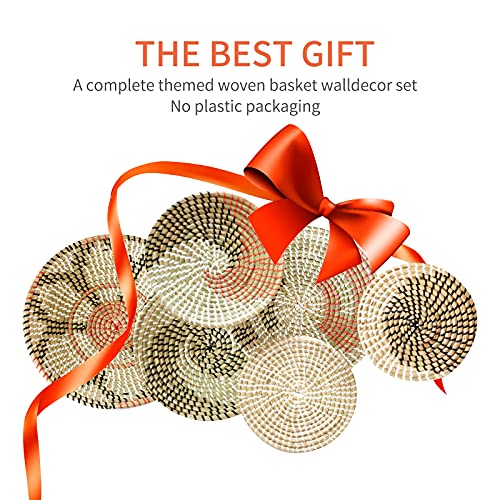 Boho Wall Basket Decor Set of 6 - Hanging Woven Basket Wall Decor, Handcrafted Round Flat Seagrass Baskets Wall Art, for Modern、Farmhouse、Home - Unique Modern Wall Basket Decor - style: Modern Classics
