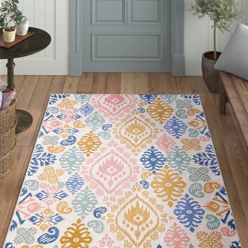 Washable Oriental Floral Rug, Ultra Thin Boho Paisley Indian Tribal 4x6 Area Rug for Dining Room Bedroom Entryway Kitchen, Stain Resistant Vintage Aztec Hippie Living Room Accent Carpet - color: Gentle Blue and Pink, size: 4'x6'