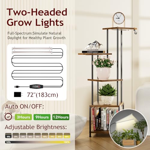 Homsorout Plant Stand Indoor with Grow Light - 5-Tier Metal Plant Shelf with Hanging Basket Hook, Corner Tall Flower Holder for Multiple Plants, Living Room Balcony Garden Patio, Rustic - color: Rustic, size: 5-Tier
