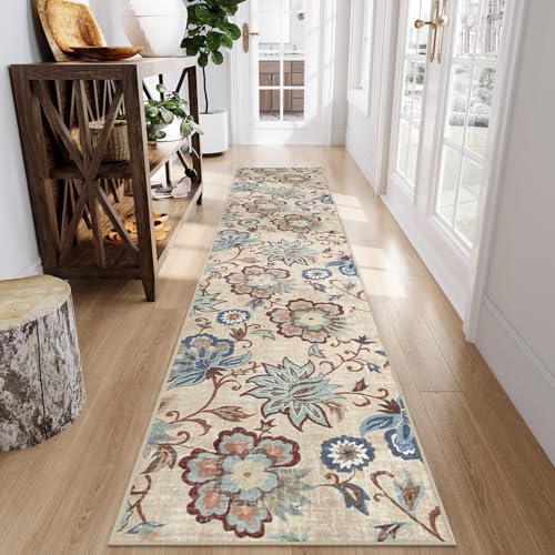 Beeiva Floral Hallway Runner Rug, Vintage Beige 2.5x12 Lightweight Kitchen Rugs Non Slip Washable, Printed Distressed Ultra Thin Foldable Rug Runner for Bedroom Bathroom - color: Cream, size: 2'5" x 12' (Rectangular)