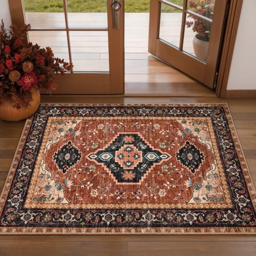 Tangsoo Oriental 2X3 Washable Rugs, Orange Vintage Non Slip Small Area Rug Carpet, Indoor Front Door Rug for Entryway, Door Mat Indoor Entrance Soft Low Pile Throw Rugs for Entry Kitchen Bedroom - color: Orange/Black, size: 2' X 3' (Rectangular)