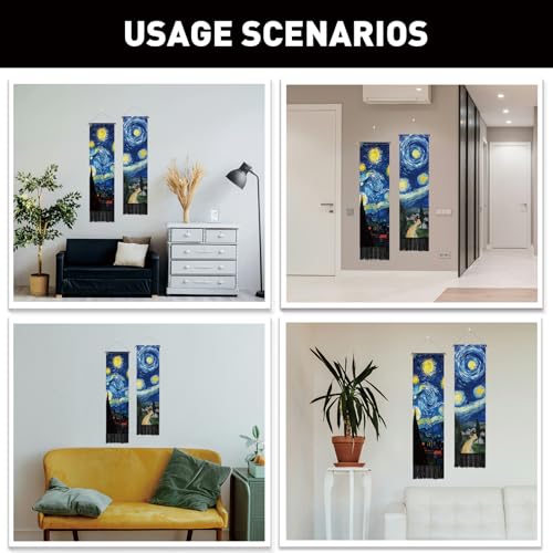 PLIGREAT 2 Pack Starry Night Tapestry with Tassels, Blue Oil Painting Art Wall Hanging Vertical Long Narrow Home Wall Tapestry for Bedroom Living Room Bathroom Dorm, 52" x 13" - color: blue,yellow