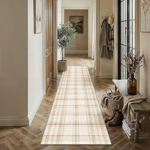 2x12 Beige Runner Rug for Kitchen Machine Washable Low Pile Checkered Carpet Modern Accent Soft Non Slip Long Rug for Bathroom Bedroom Nursery Indoor - color: Beige, size: 2' x 12' (Runner)