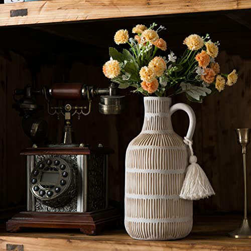 Mowtanco Farmhouse Vase with Handle and Tassel, Grey Yellow Vertical Stripes Design Clay Vase 10'' Tall - Ceramic Flower Vase for Rustic Home Decor, for Fireplace Kitchen Living Room Centerpieces - color: Gray - Long