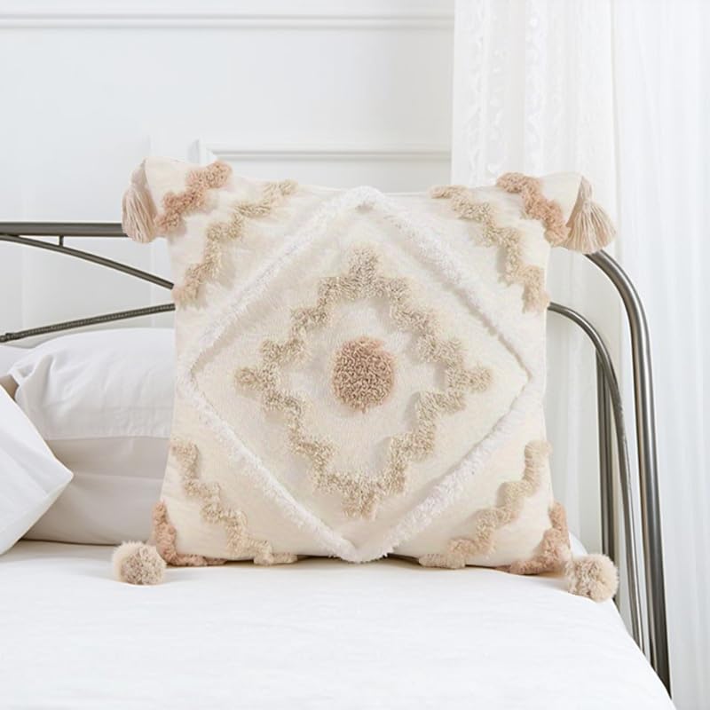 Andreannie Pack of 2 Boho Tufting Throw Pillow Cover Embroidered Textured Cushion Cover with Tassels Soft Home Decororative for Couch Sofa 18x18 inch (Boho Cream) - color: Boho Cream