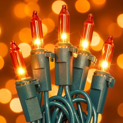 Hopolon Orange Halloween Lights, 50 Count Incandescent Mini String Light, Connectable 13 FT Green Wire Christmas Lights Plug in for Indoor Outdoor Halloween Party, Fall, Thanksgiving Decor, Orange - color: Orange,Green Wire, size: 1PACK, 50 count