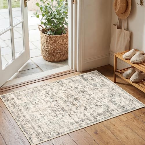 GarveeHome Washable Area Rug 2x3 Entryway Rug Vintage Distressed Small Rugs Floral Doormat Non Slip Low Pile Throw Carpet for Bedroom Kitchen Laundry Beige - color: Beige, size: 2' x 3' (Rectangular)