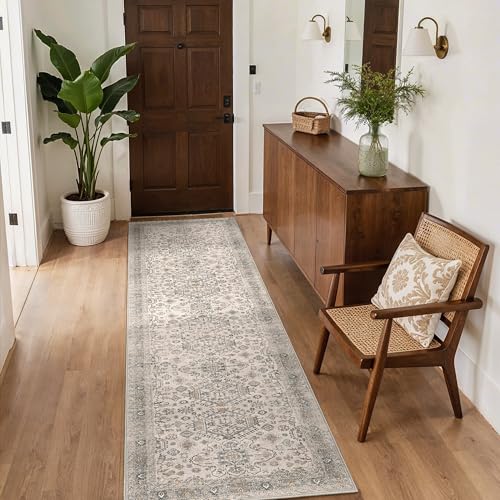 Bavni Washable Runner Rug 2’6”x10, Non Slip Vintage Hallway Runner, Ultra Thin Low Pile Washable Carpet for Kitchen Entryway Bedroom, Light Taupe Brown - color: Light Taupe Brown, size: 2'6" x 10' (Rectangular)