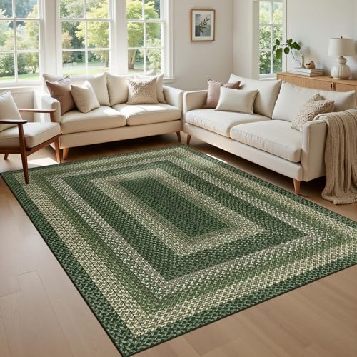 Ileading Faux Braided Area Rug 5'x8' Washable Farmhouse, No-Shed Non-Slip Woven Carpet, Pet Friendly Stain Resistant Jute Style Rug for Living Room Dining Bedroom Office - color: Multi Color-green, size: 5' x 8'(Rectangular)