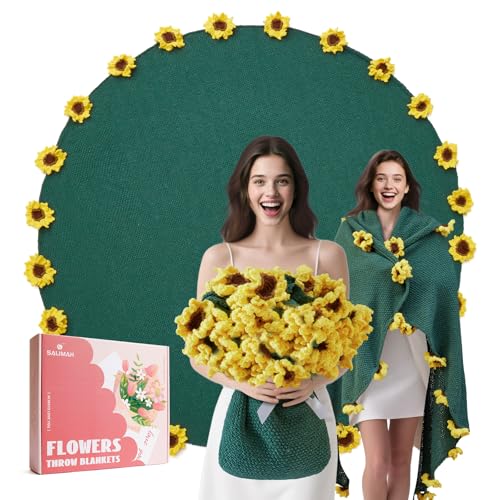 Flower Bouquet Blanket, Birthday Gifts for Mom Teacher Women Grandkids Wife Girlfriend Her, Crochet Flower Blanket, Soft Knitted Throw Blankets for Teacher Appreciation Housewarming Gifts (Sunflowers) - color: C-yellow Sunflowers