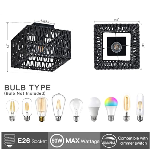 Rpzloila Rattan Ceiling Light, Black Boho Light Fixture, Square Flush Mount Ceiling Light for Bedroom, Hallway, Entryway, Kitchen, Laundry - color: Black, size: 1-Light-Square