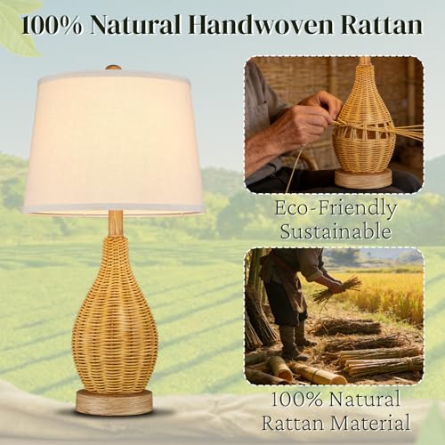 Hamilyeah 23" Farmhouse Table Lamps Set of 2 with Bulbs Included, Boho Bedside Lamps with Fabric Shade, Natural Woven Rattan Nightstand Lamps for Bedroom, Living Room, Large Spaces - color: wooden color