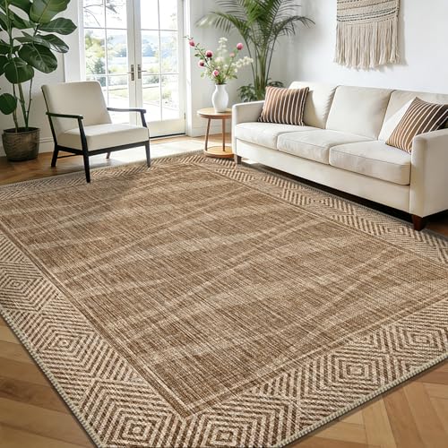 Easy Jute Rug 6x9 Outdoor Patio Rug with Border, Washable Rugs for Living Room, Farmhouse Non Slip Area Rugs with Rubber Backing Indoor Outdoor, Non Shedding Carpet for Bedroom, Courtyard, Light Brown - color: Light Brown, size: 6'x9'