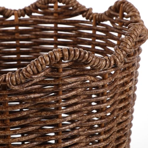 Scalloped Rattan Basket Planter, Woven Plant Basket with Plastic Tray, Decorative Indoor and Outdoor Flower Pot Holder, Farmhouse Storage Organizer 8.7x7.5x7.5 - color: Light Brown