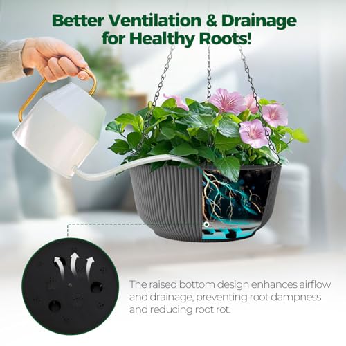 T4U 8 Inch Hanging Planters for Indoor Outdoor Plants, Self Watering Hanging Pot Pack of 2, Hanging Pots with Drainage Hole & Plug & Chain with 3 Hooks for Garden Home Decor, Grey - color: Gray, size: 8 inch