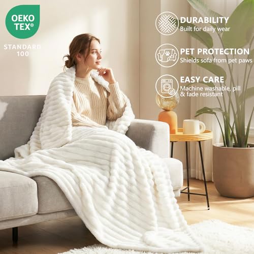 HIMEET Fleece Off White Throw XL Blanket for Couch - 300GSM Ribbed Soft Cozy Nap Blankets for Travel, New Home Birthday Gifts for Women Men Her, Boho Long Sofa Room Decor Office Throws, 50x70 Inches - color: Off White, size: Throw XL (50" x 70")