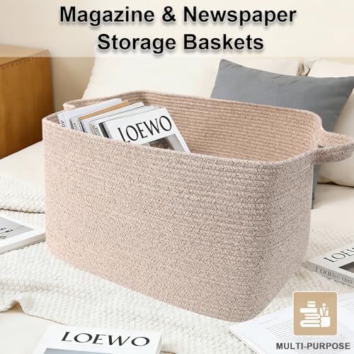 Large Blanket Basket,Woven Rope Basket Storage Bin with Handles,65L Rectangle Laundry Basket for Magazines,Toys,Clothes,Newspaper Shelf Organization,Nursery and Living Room,Brown - color: Brown, size: 21"x16"x12"(65L)