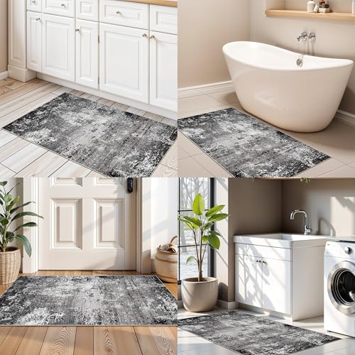 2x4 Washable Runner Rug – Non-Slip Small Throw Rug for Kitchen Floor, Bedroom, Entryway, Bathroom, Bedside – Modern Abstract Neutral Low-Pile Thin Indoor Door Mat（Black Grey,2x4） - color: Black Grey, size: 2' x 4' (Rectangular)